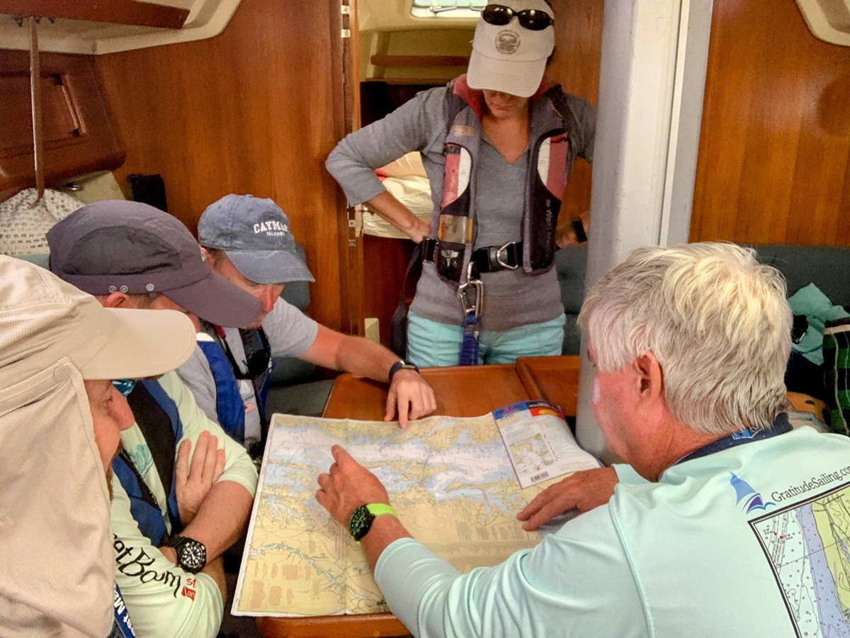 Four sailors belowdecks consulting a chart as the Captain indicates their position